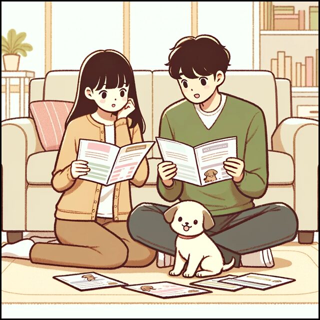 家でペット保険のパンフレットを見て比較検討している若いカップルと子犬1匹