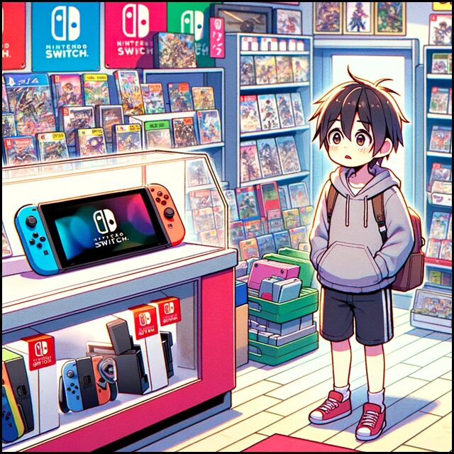 日本のゲームショップで中古switchを買うか買わないか迷う少年